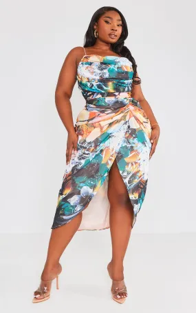 Plus Robe mi-longue en mousseline de soie à imprimé multicolore abstrait froncée et drapée