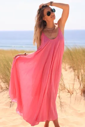 Robe évasée mi longue fuchsia doublée à bretelles en coton